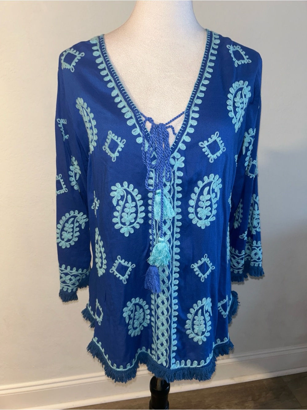 Pranella  Blue Embroidered Tie-Front Top